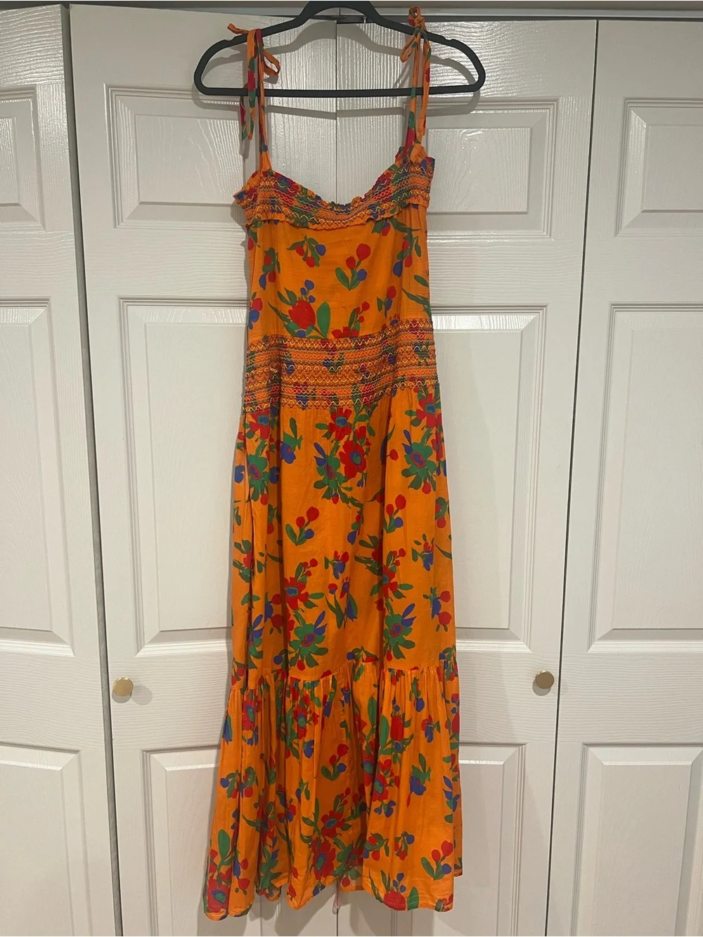 Tory Burch Orange Floral Smocked Tie-Shoulder Maxi Dress